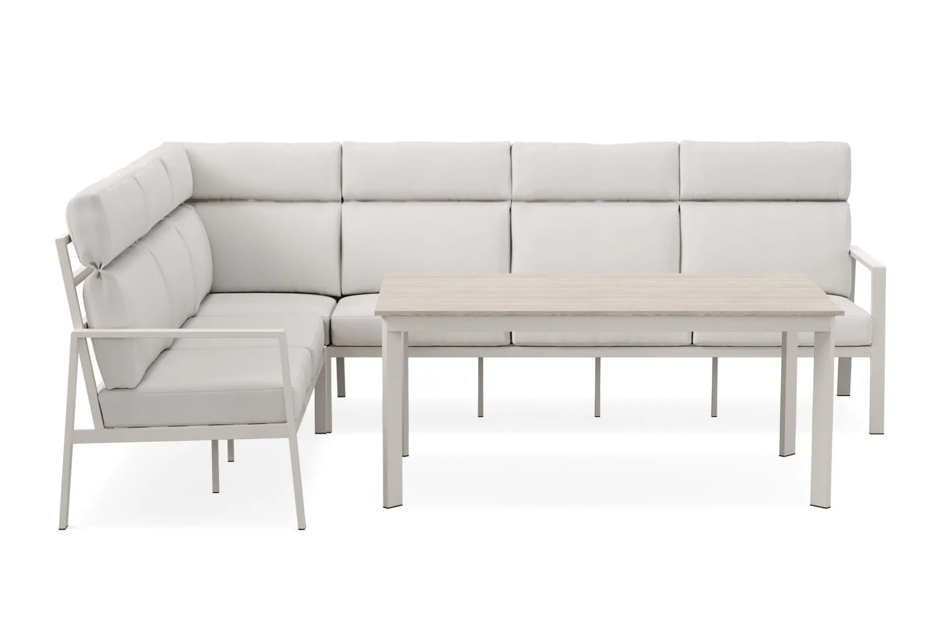 Ariany Lyx l-formad 6-sits hörnsoffa utomhus med hög rygg med beiga dynor och bord i aluminium
