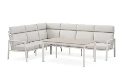 Ariany Lyx l-formad 6-sits hörnsoffa utomhus med hög rygg med beiga dynor och bord i aluminium