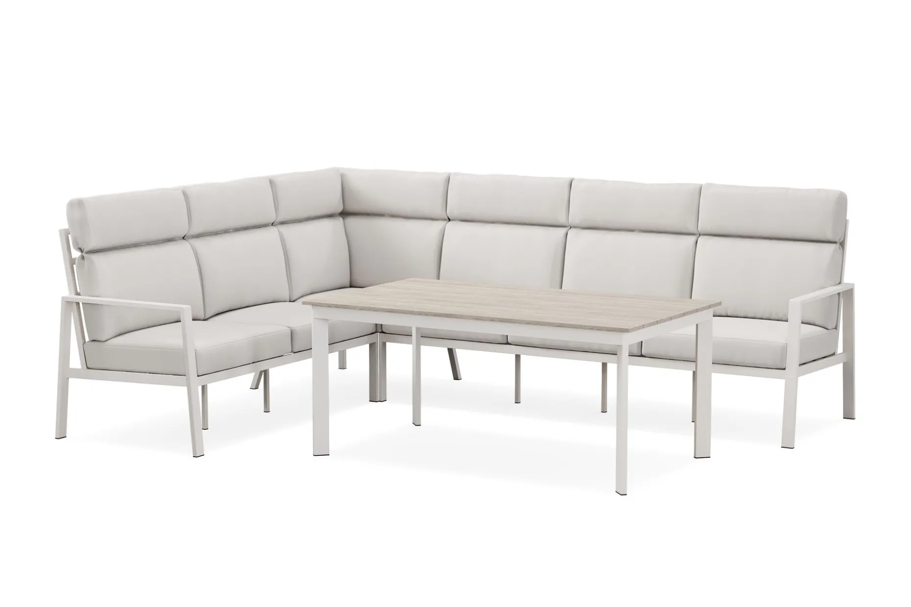 Ariany Lyx l-formad 6-sits hörnsoffa utomhus med hög rygg med beiga dynor och bord i aluminium