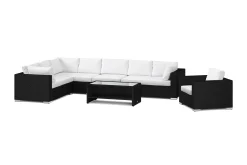 Bahamas utomhus L-soffa höger 8-sits med fåtölj och bord med hylla