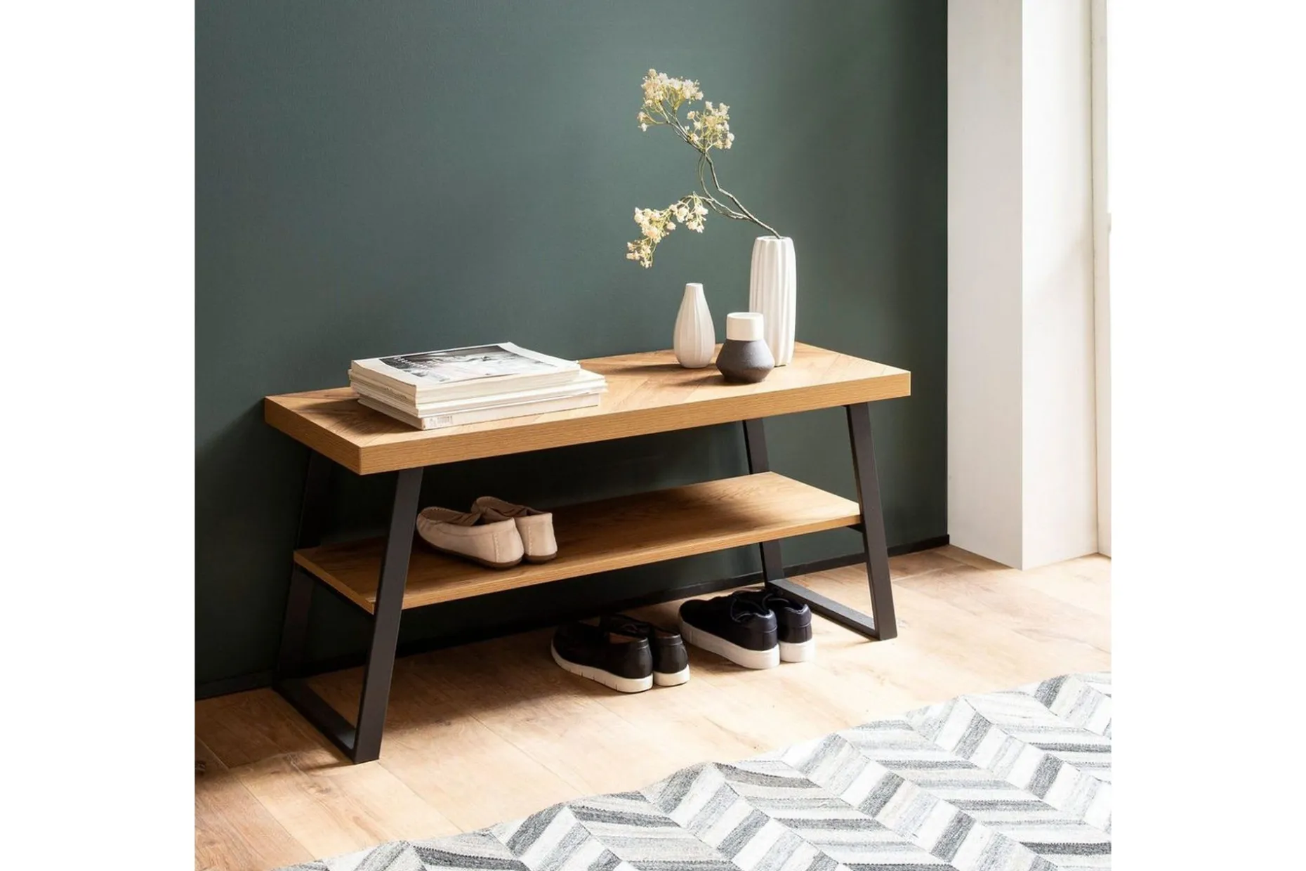 Bänk Wohnling Ekfiskbensdekor med hylla Stabil metallram Modern look