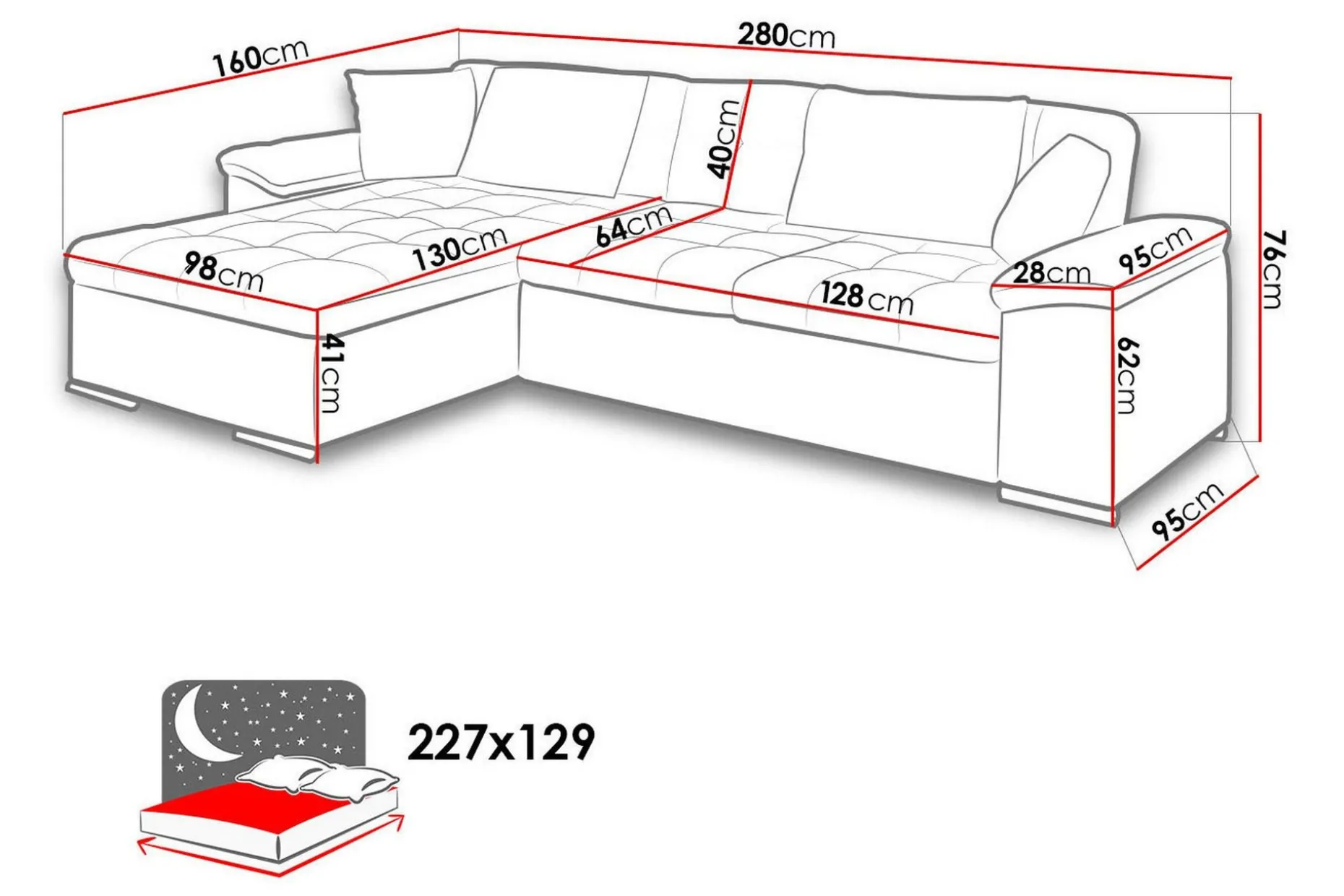 Camior Bäddsoffa m. Divan Förvaring 3-sits 227x129
