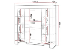 Cezar Lågt Vitrinskåp Vit LED Belysning 42 cm djup 130 cm bred 131 cm hög Ljust Trä Ek Glas