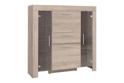 Cezar Lågt Vitrinskåp Vit LED Belysning 42 cm djup 130 cm bred 131 cm hög Ljust Trä Ek Glas