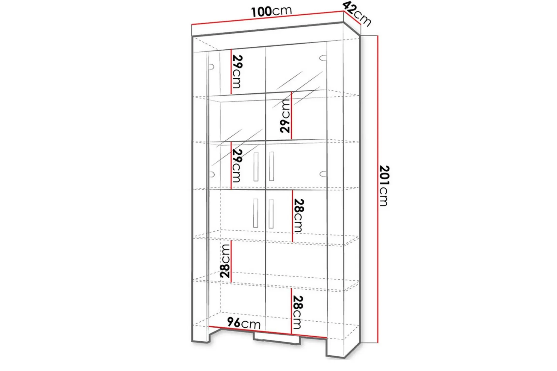 Cezar Vitrinskåp Vit LED Belysning 43 cm djup 100 cm bred 201 cm hög Ljust Trä Ek Glas