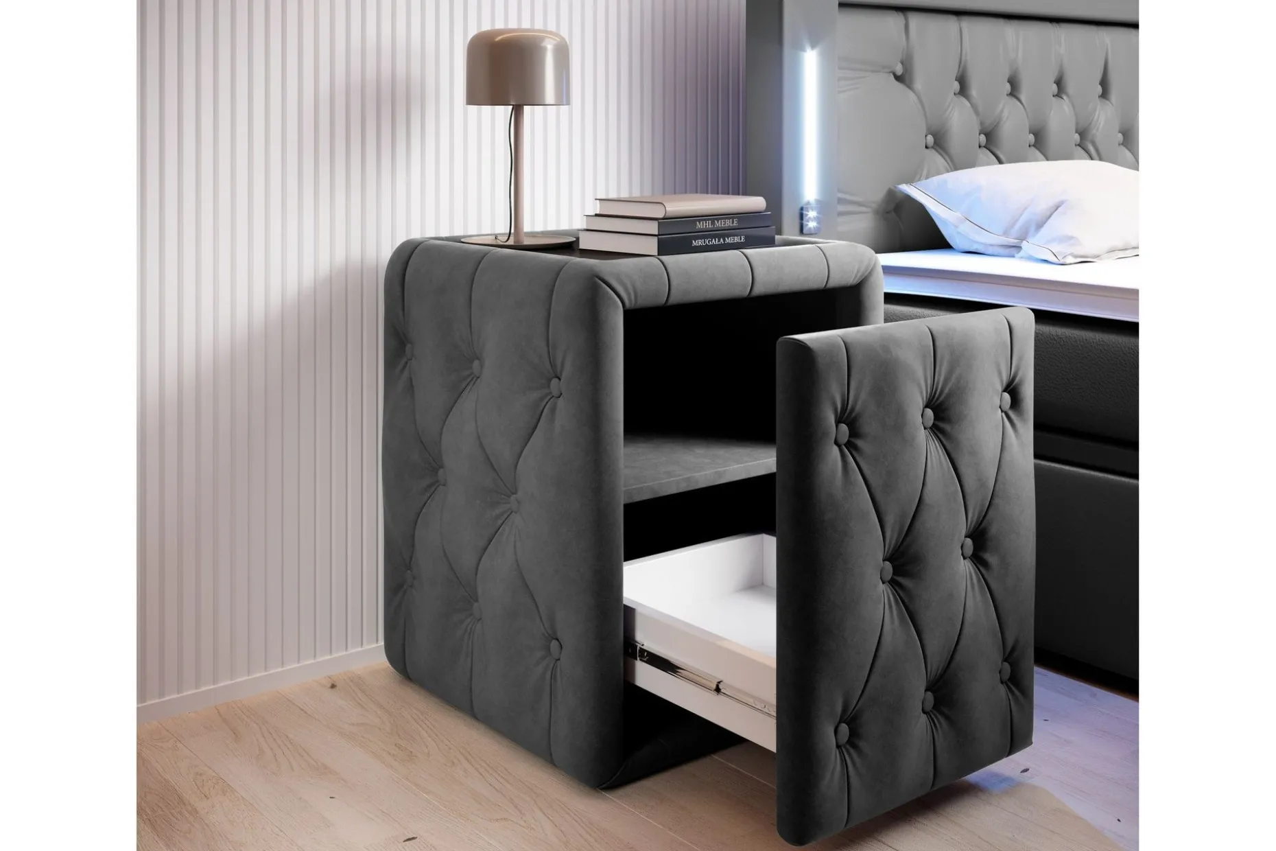 Franco Komplett Sängpaket med förvaring LED-belysning 180x200 cm + 2st Franco Sängbord