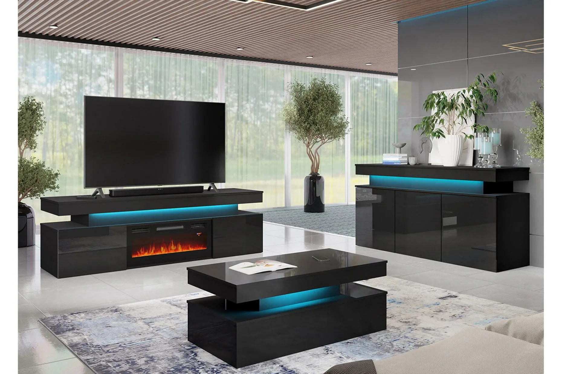 Glenndale Tv bänk med Förvaring + LED kamin + Belysning 190