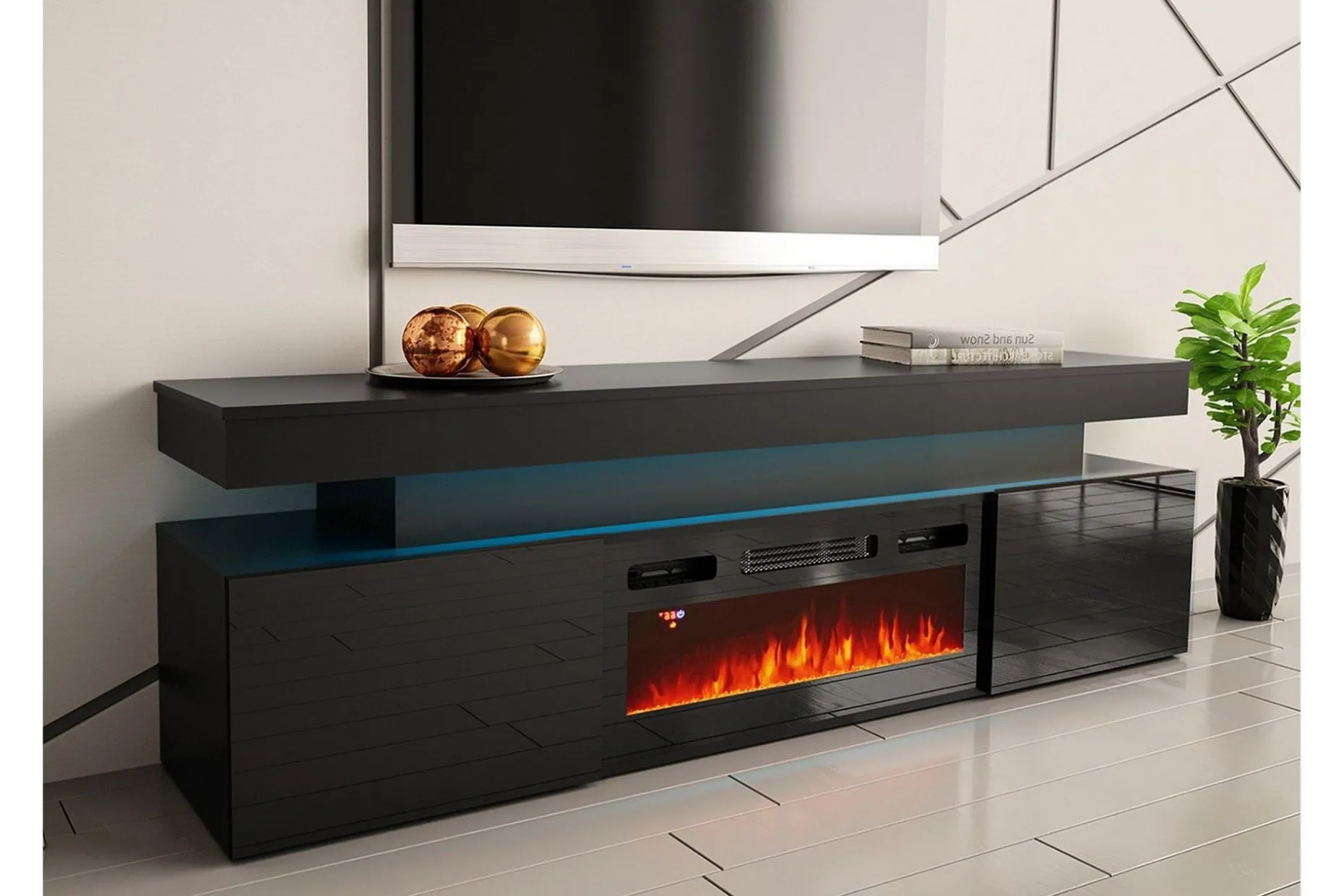 Glenndale Tv bänk med Förvaring + LED kamin + Belysning 190