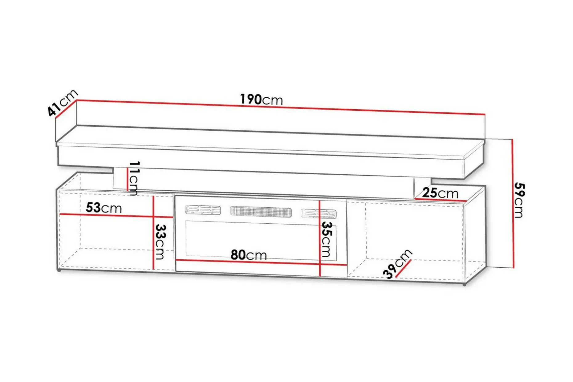 Glenndale Tv bänk med Förvaring + LED kamin + Belysning 190