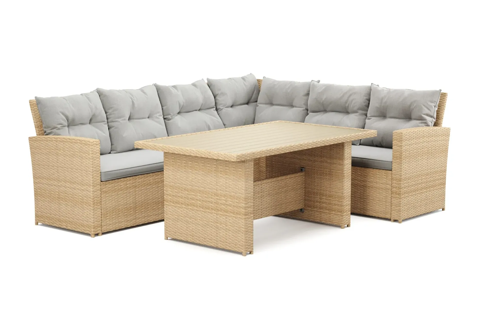 James 5-sits Högervänd Loungegrupp Utomhus – Soffgrupp med ljusgrå dynor och bord i konstrotting