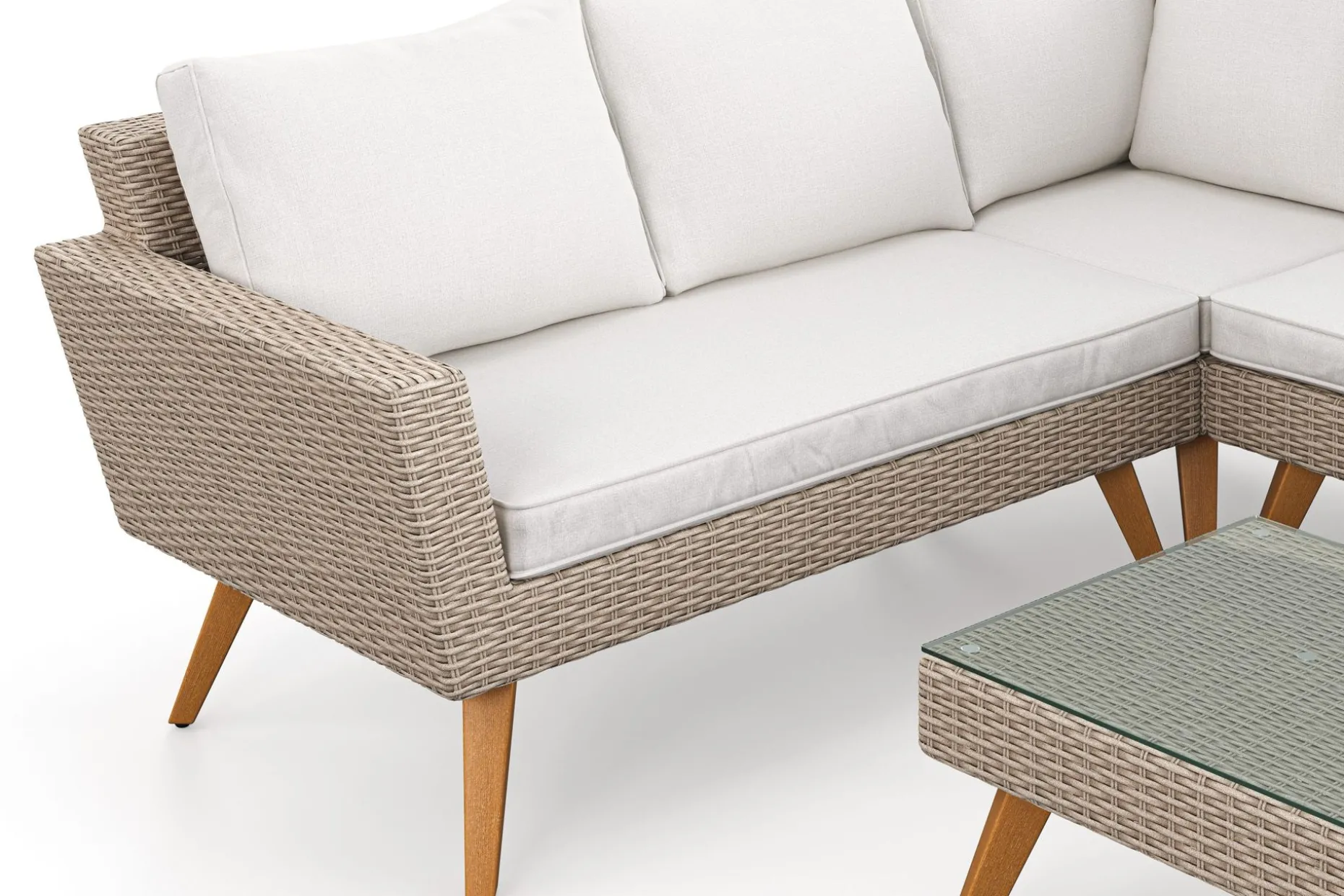 Karlskrona 5-sits Loungegrupp utomhus med vita dynor soffbord i konstrotting med glasskiva
