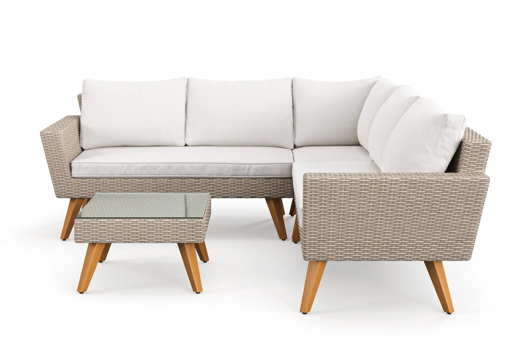 Karlskrona 5-sits Loungegrupp utomhus med vita dynor soffbord i konstrotting med glasskiva