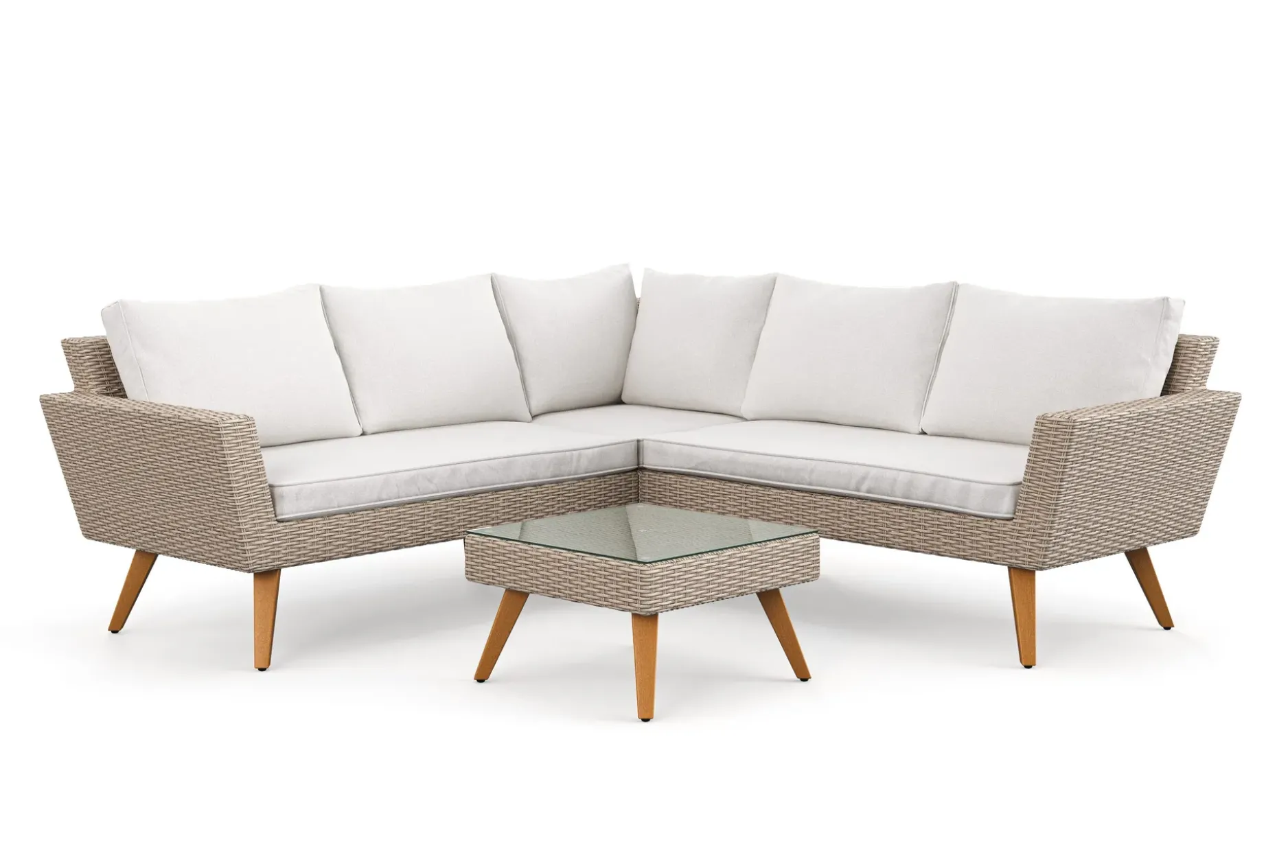 Karlskrona 5-sits Loungegrupp utomhus med vita dynor soffbord i konstrotting med glasskiva