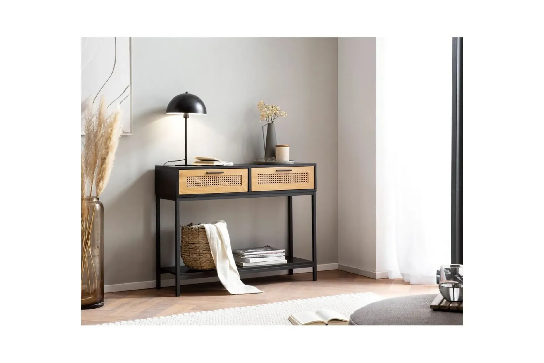 Konsolbord Wohnling Massivt trä 100 cm 2 lådor industrihus stil med Wienerkorg