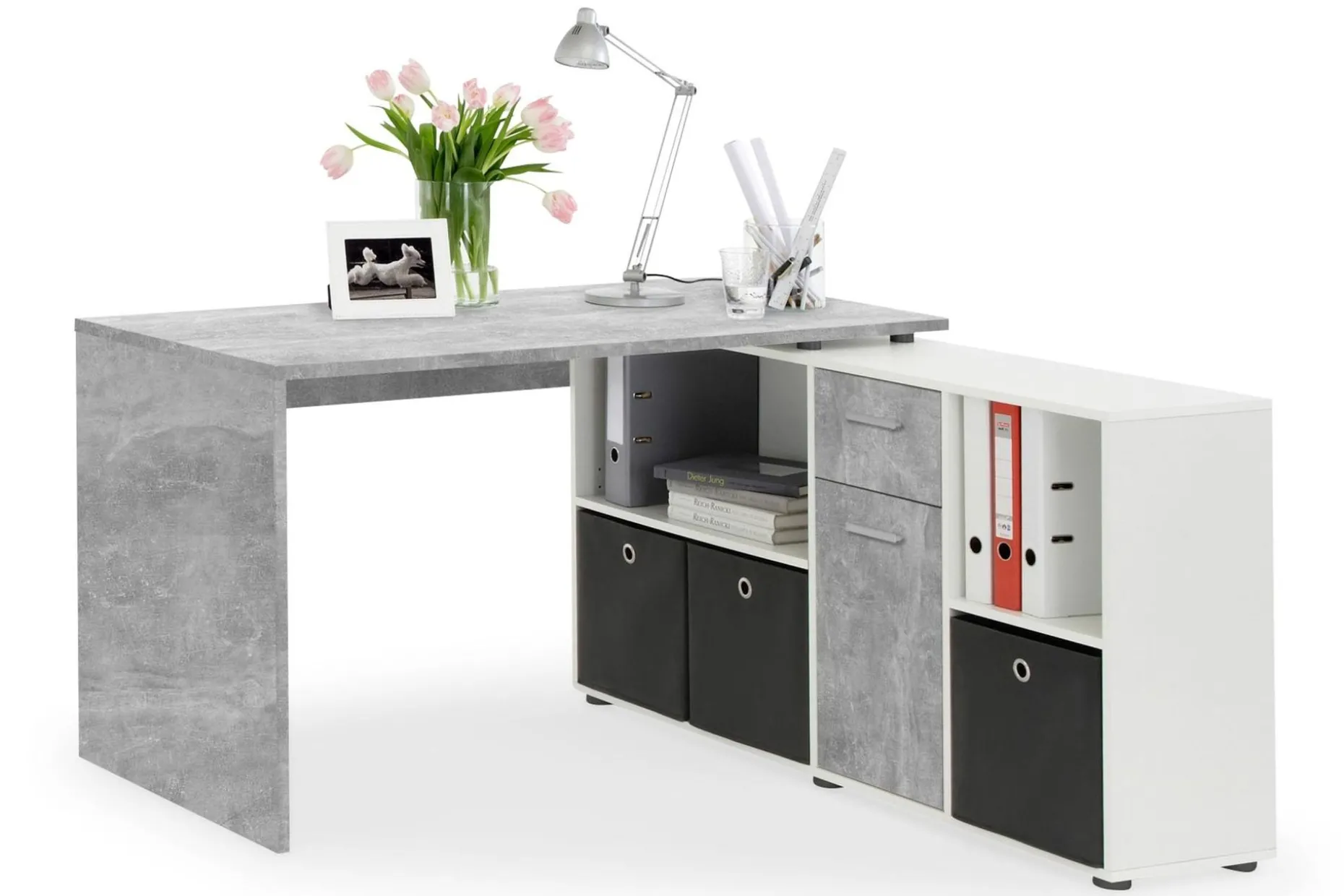 Lexo Hörnskrivbord 136 cm med Justerbar Hylla