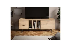 Lowboard Wohnling modernt spånskiva, 2 lådor, 1 dörr, förvaringsbrickor, metallben, modern stil Svart, Ek