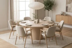 Matgrupp Bark Kopparbo Runt Matbord 180 cm Vitlaserat med 6 Reciclar Matstolar Ljus Ek|Beige
