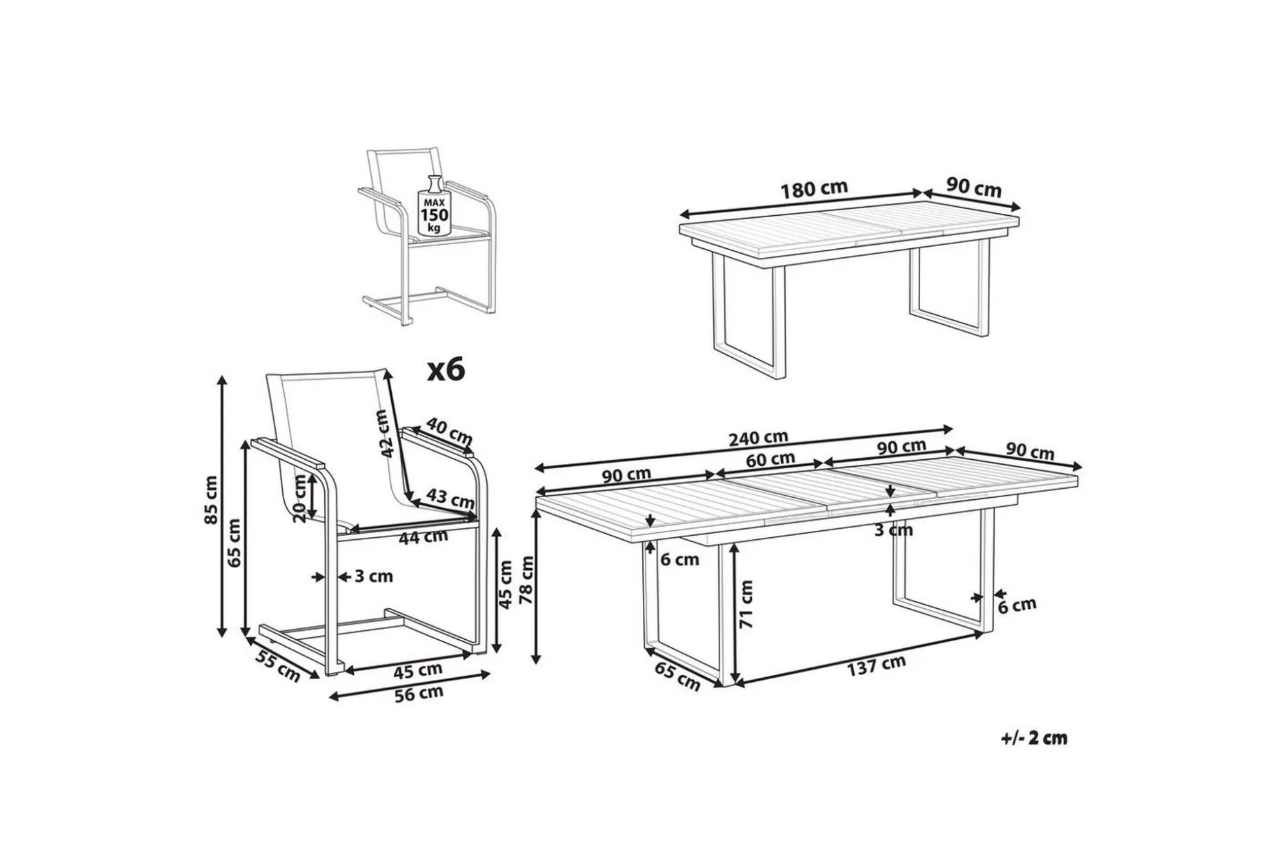 Matsalsset Valcanetto/Cosoleto Vit/Grå/Silver, 6-Sits