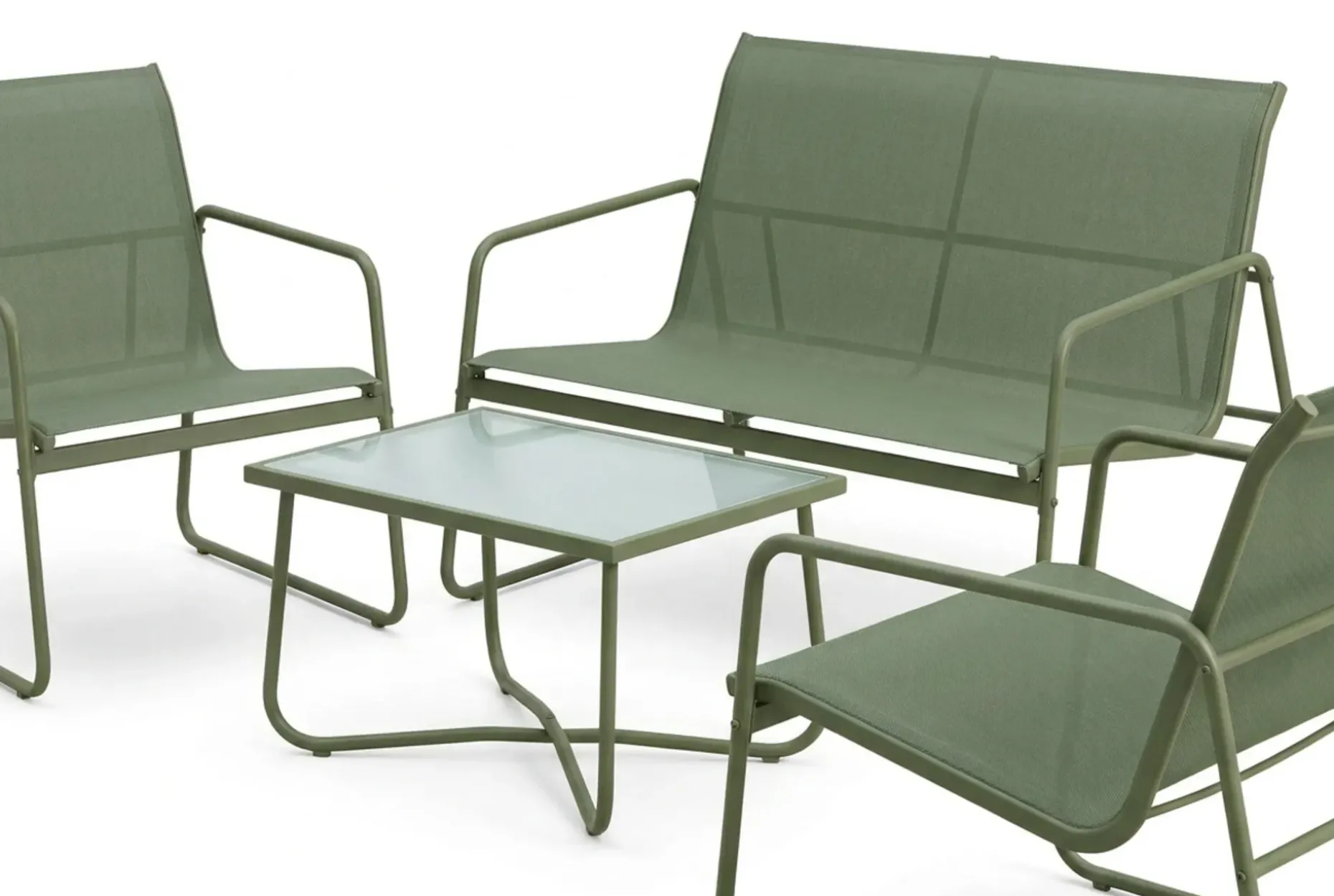 Pelanda Loungegrupp - Soffa och 2 fåtöljer i stål soffbord med frostad glasskiva