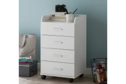 Rullkontejner Wohnling 4 lådor med hjul, förvaringsbricka, foliebelagd spånskiva, modern stil Vit
