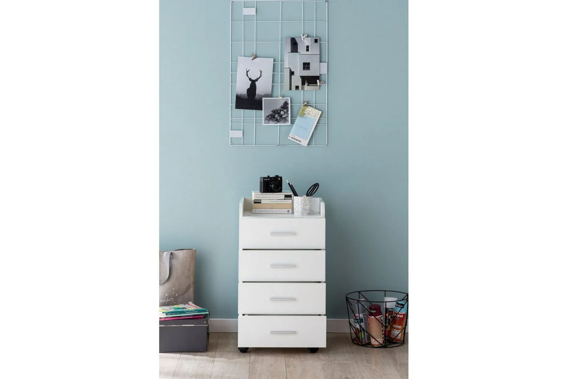 Rullkontejner Wohnling 4 lådor med hjul, förvaringsbricka, foliebelagd spånskiva, modern stil Vit