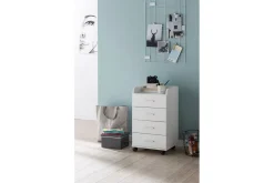 Rullkontejner Wohnling 4 lådor med hjul, förvaringsbricka, foliebelagd spånskiva, modern stil Vit