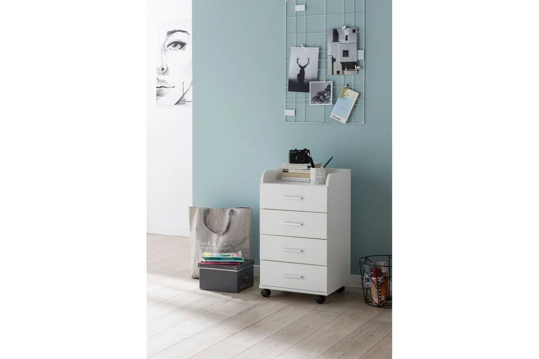Rullkontejner Wohnling 4 lådor med hjul, förvaringsbricka, foliebelagd spånskiva, modern stil Vit