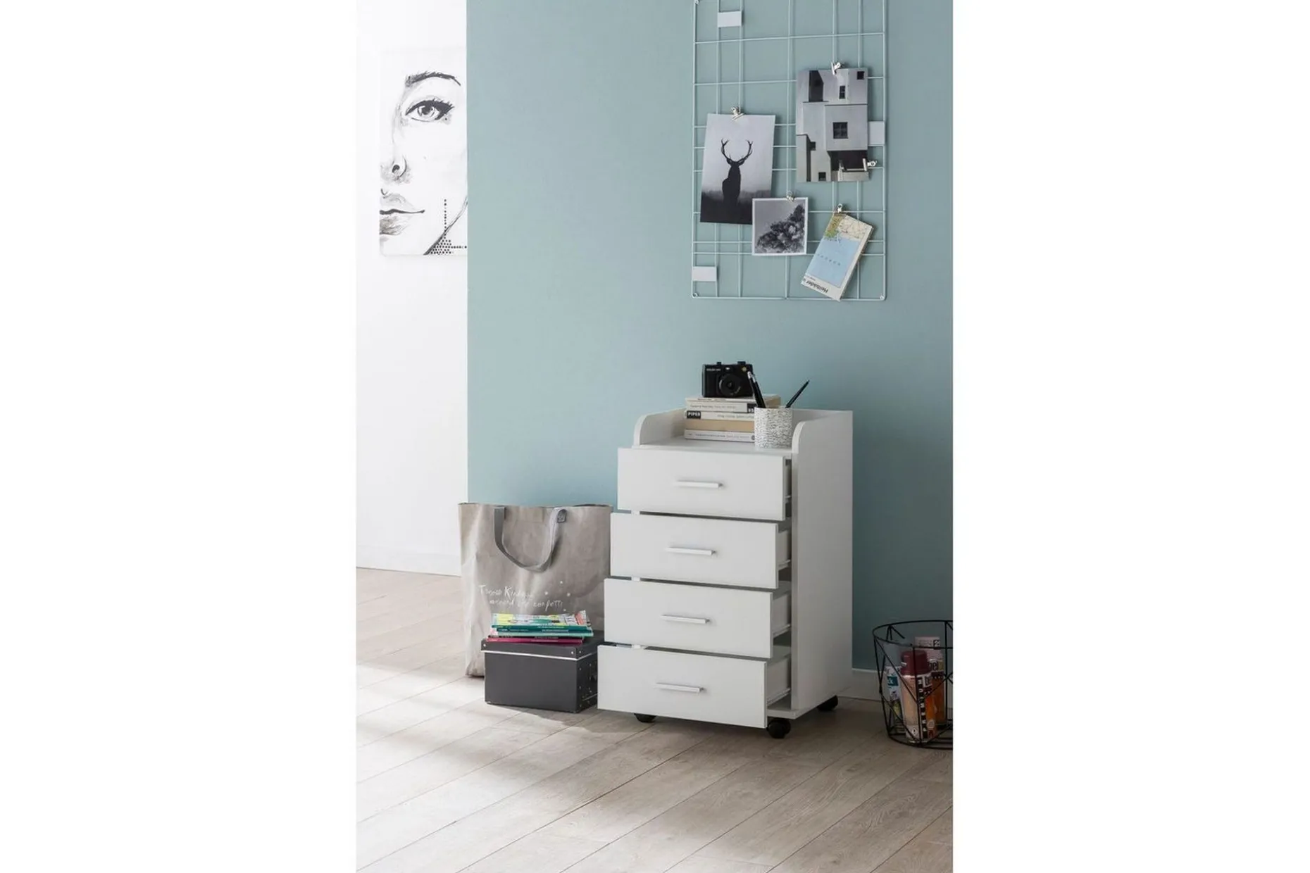 Rullkontejner Wohnling 4 lådor med hjul, förvaringsbricka, foliebelagd spånskiva, modern stil Vit
