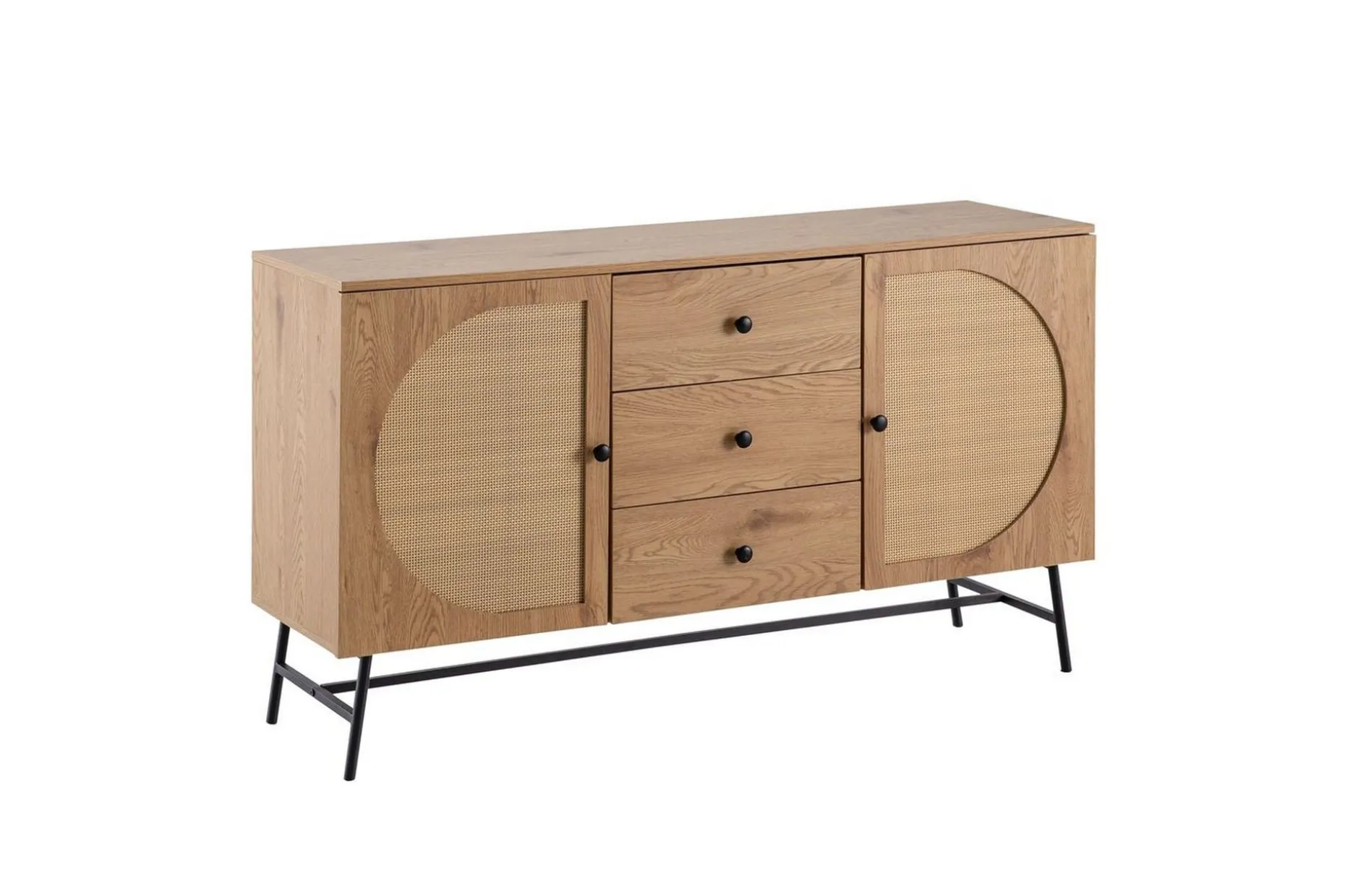 Sideboard Wohnling Folierad spånskiva ekoptik halvcirkel rottingväv look 2 dörrar 3 lådor modern