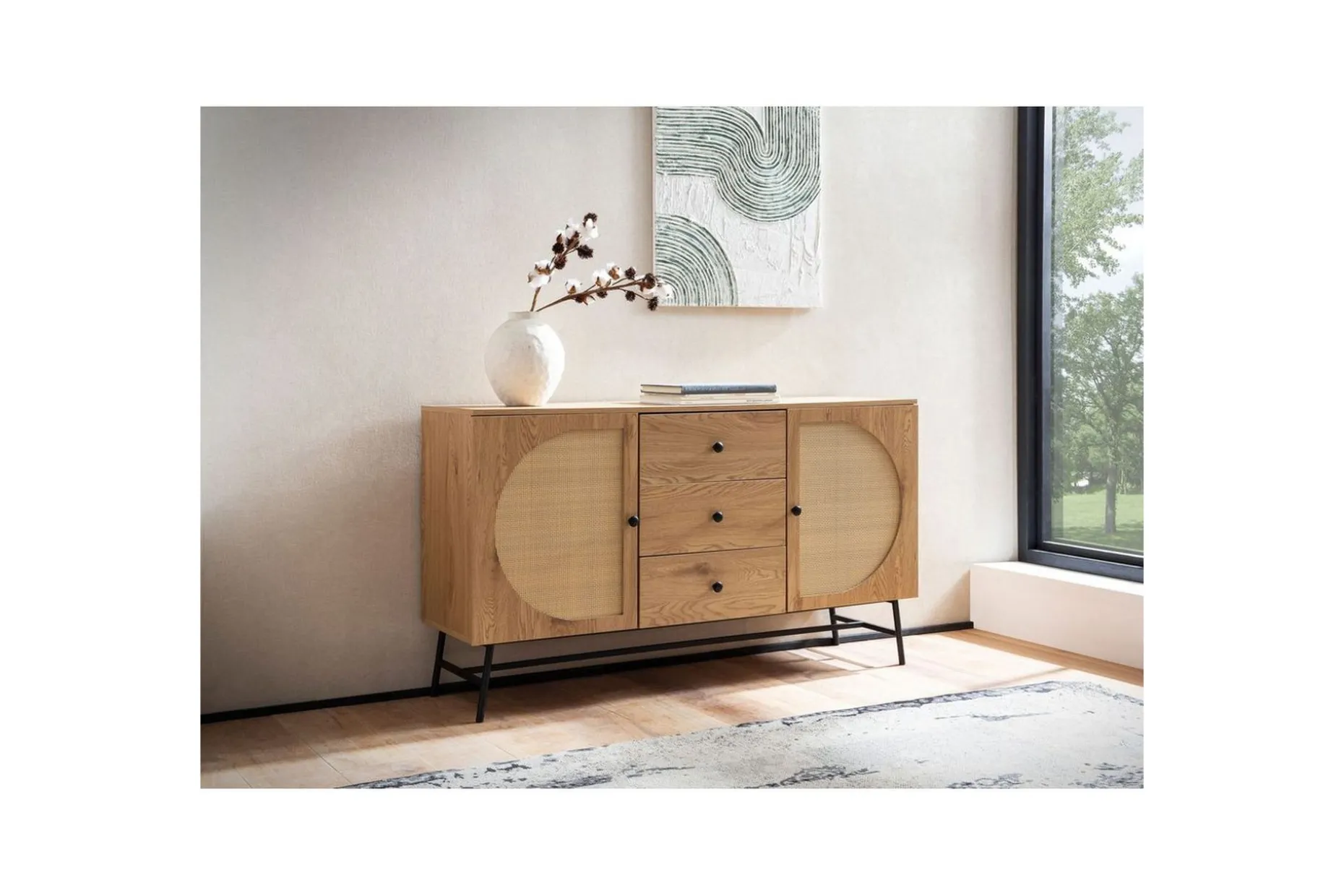 Sideboard Wohnling Folierad spånskiva ekoptik halvcirkel rottingväv look 2 dörrar 3 lådor modern