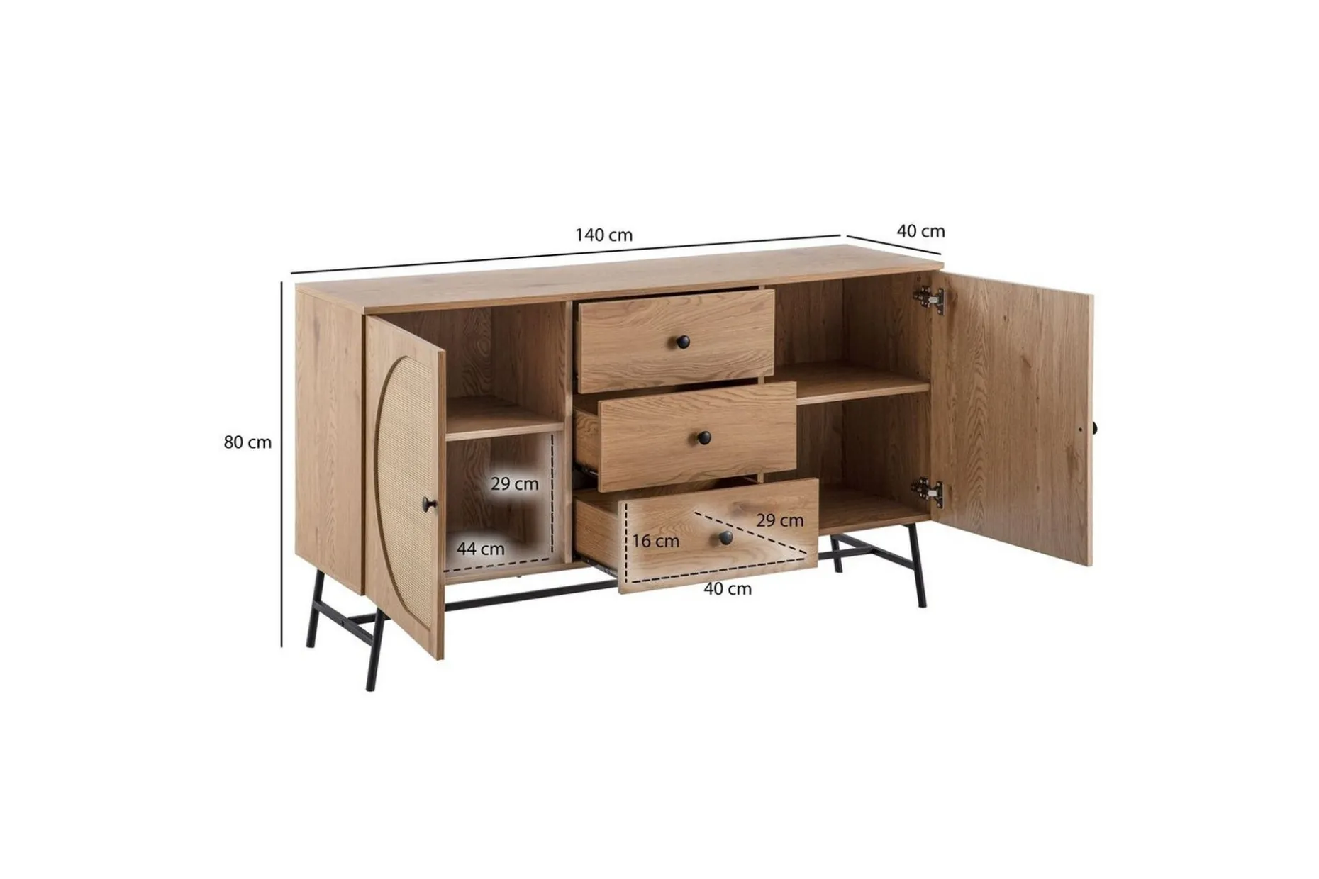 Sideboard Wohnling Folierad spånskiva ekoptik halvcirkel rottingväv look 2 dörrar 3 lådor modern