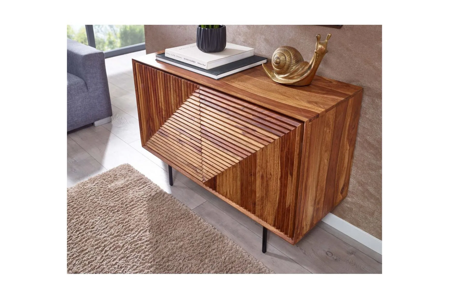 Sideboard Wohnling massivt trä, 3D geometrisk front, tryck-öppna, industriell loftstil 100 cm