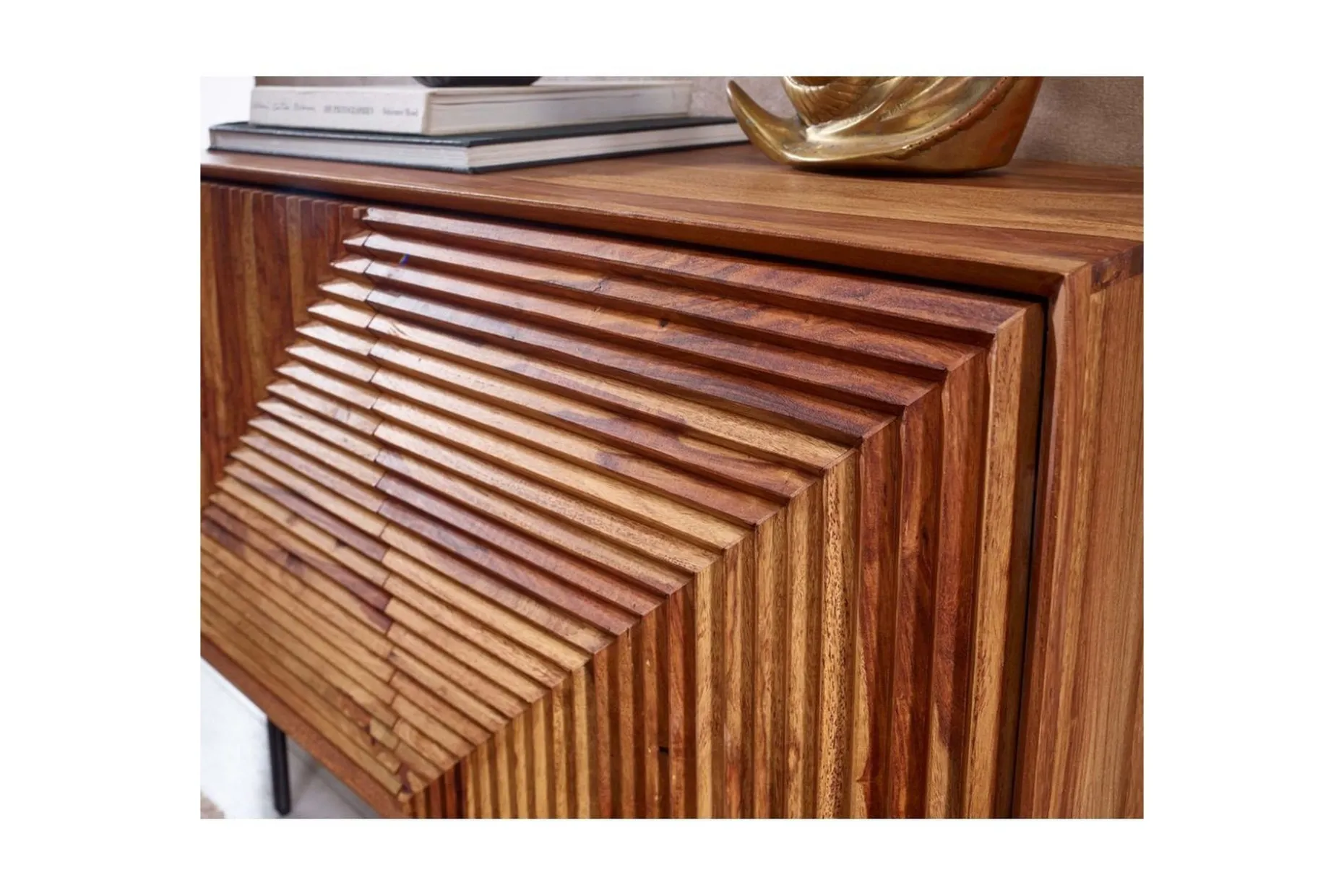Sideboard Wohnling massivt trä, 3D geometrisk front, tryck-öppna, industriell loftstil 100 cm