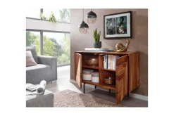 Sideboard Wohnling massivt trä, 3D geometrisk front, tryck-öppna, industriell loftstil 100 cm