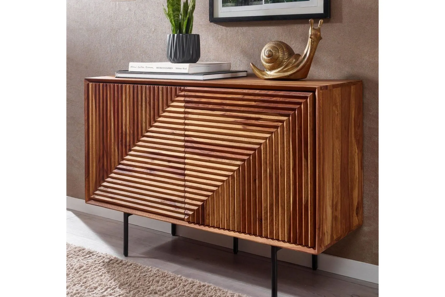 Sideboard Wohnling massivt trä, 3D geometrisk front, tryck-öppna, industriell loftstil 100 cm