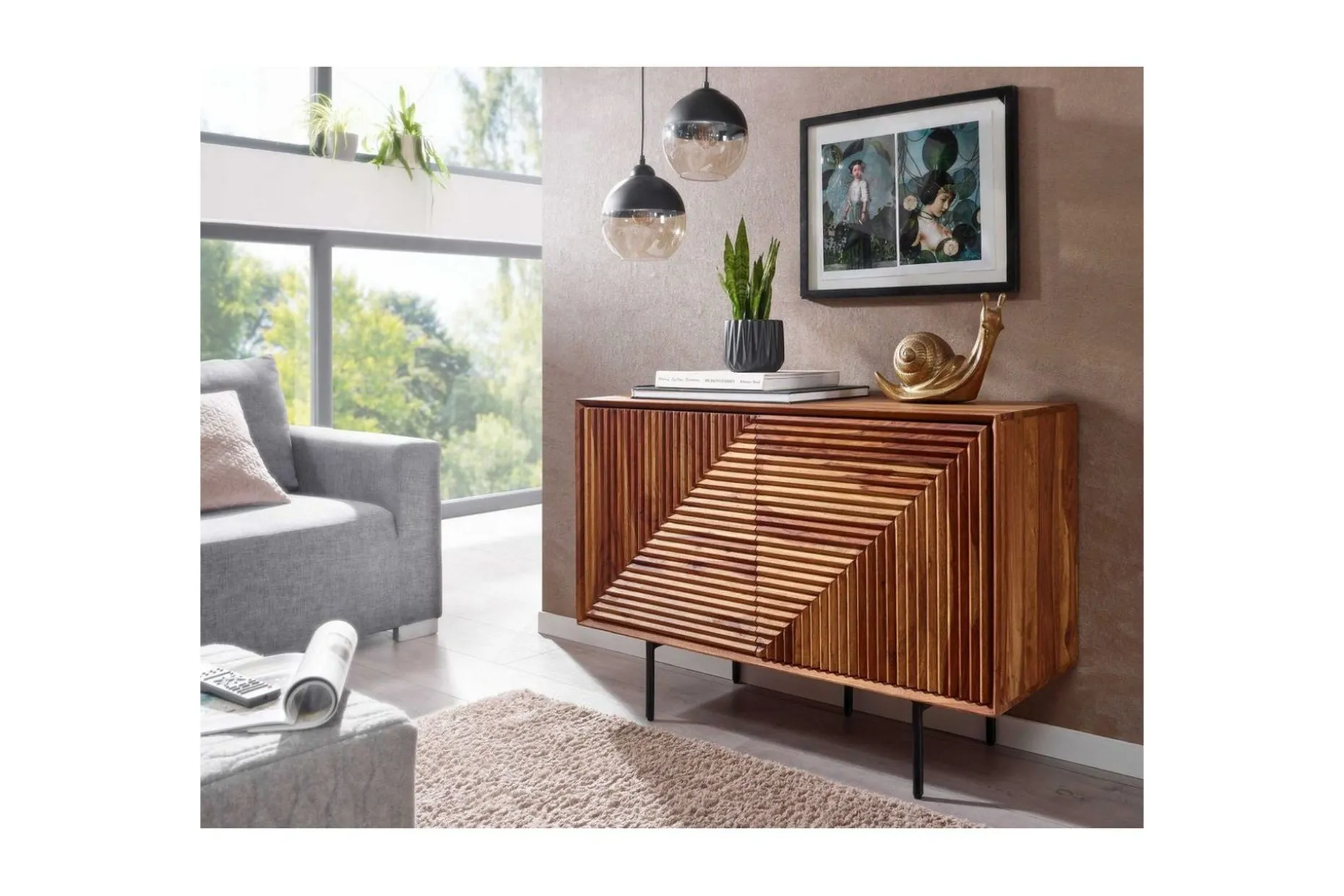 Sideboard Wohnling massivt trä, 3D geometrisk front, tryck-öppna, industriell loftstil 100 cm