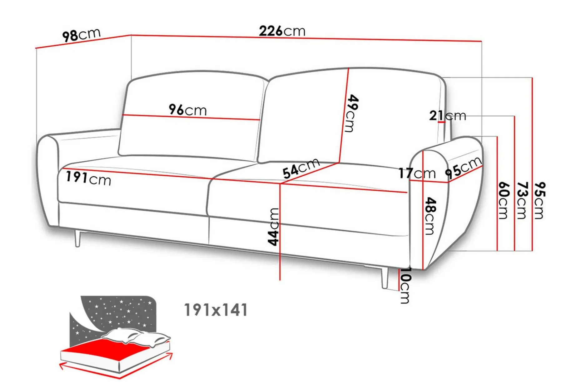 Silvia Bäddsoffa 226x98x95 cm LED-belysning