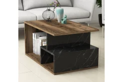 Soffbord Garavelo Soffbord 90 cm med Förvaring Hyllor Marmormönster Svart,Trä/Natur,Mörkbrun