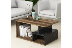 Soffbord Garavelo Soffbord 90 cm med Förvaring Hyllor Marmormönster Svart,Trä/Natur,Mörkbrun