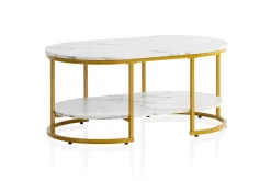 Soffbord Wohnling marmorutseende ovalt 100 cm med förvaringshylla, Bauhaus-stil Marmor Vit