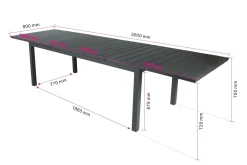 Tunis Rektangulärt Stort Förlängningsbart Matbord utomhus 205/305x90 cm i metall plast