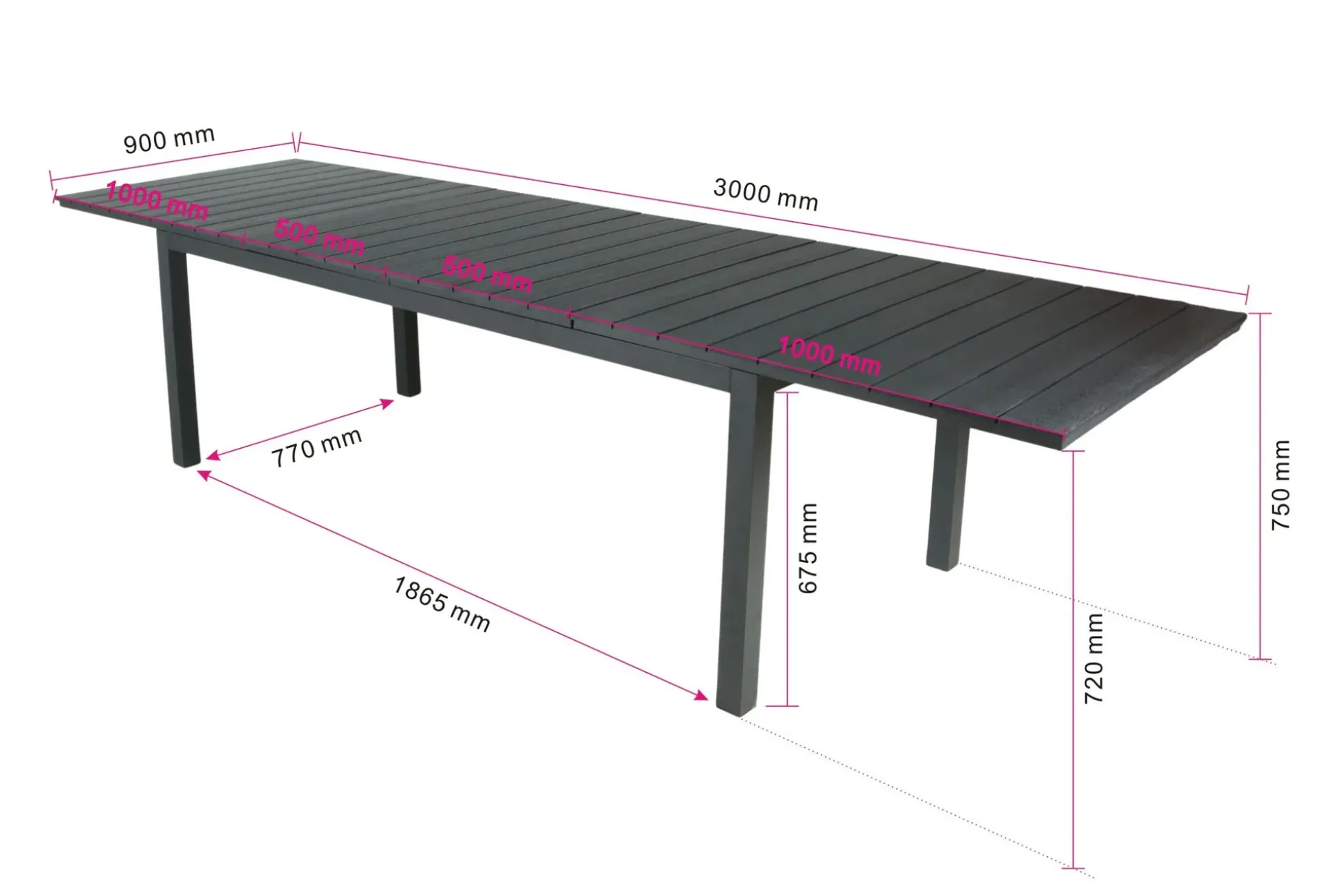 Tunis Rektangulärt Stort Förlängningsbart Matbord utomhus 205/305x90 cm i metall plast