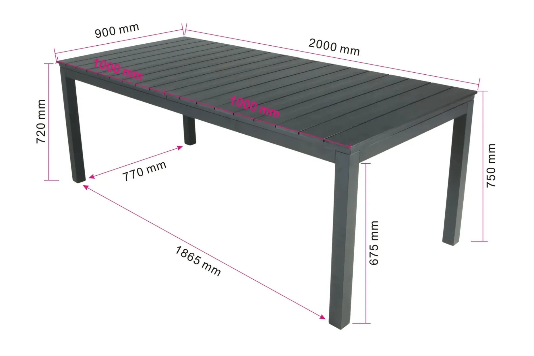 Tunis Rektangulärt Stort Förlängningsbart Matbord utomhus 205/305x90 cm i metall plast