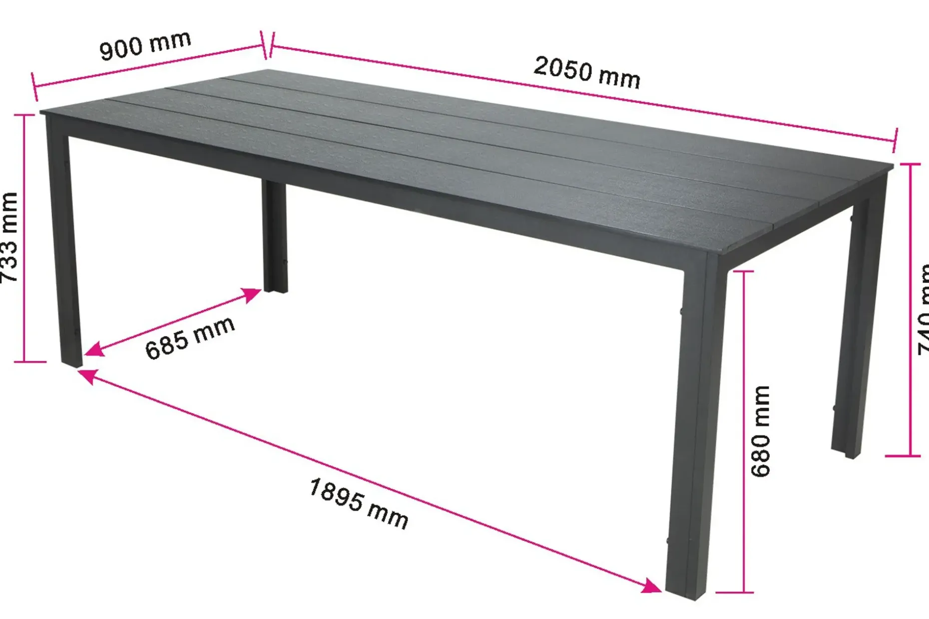Tunis Stort Rektangulärt Matbord utomhus 205x90 cm i metall och plast