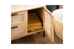Tvättställsskåp Wohnling melaminbelagd MDF, ek-optik, rottingfront, metallben, modern loftstil 1 dörr, 3 lådor