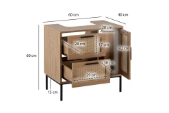 Tvättställsskåp Wohnling melaminbelagd MDF, ek-optik, rottingfront, metallben, modern loftstil 1 dörr, 3 lådor