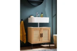 Tvättställsskåp Wohnling melaminbelagd MDF, ek-optik, rottingfront, metallben, modern loftstil 2 dörrar