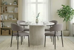 Uppveda Matbord 120 cm Runt Vitt med 4 Sawako Greige Stolar