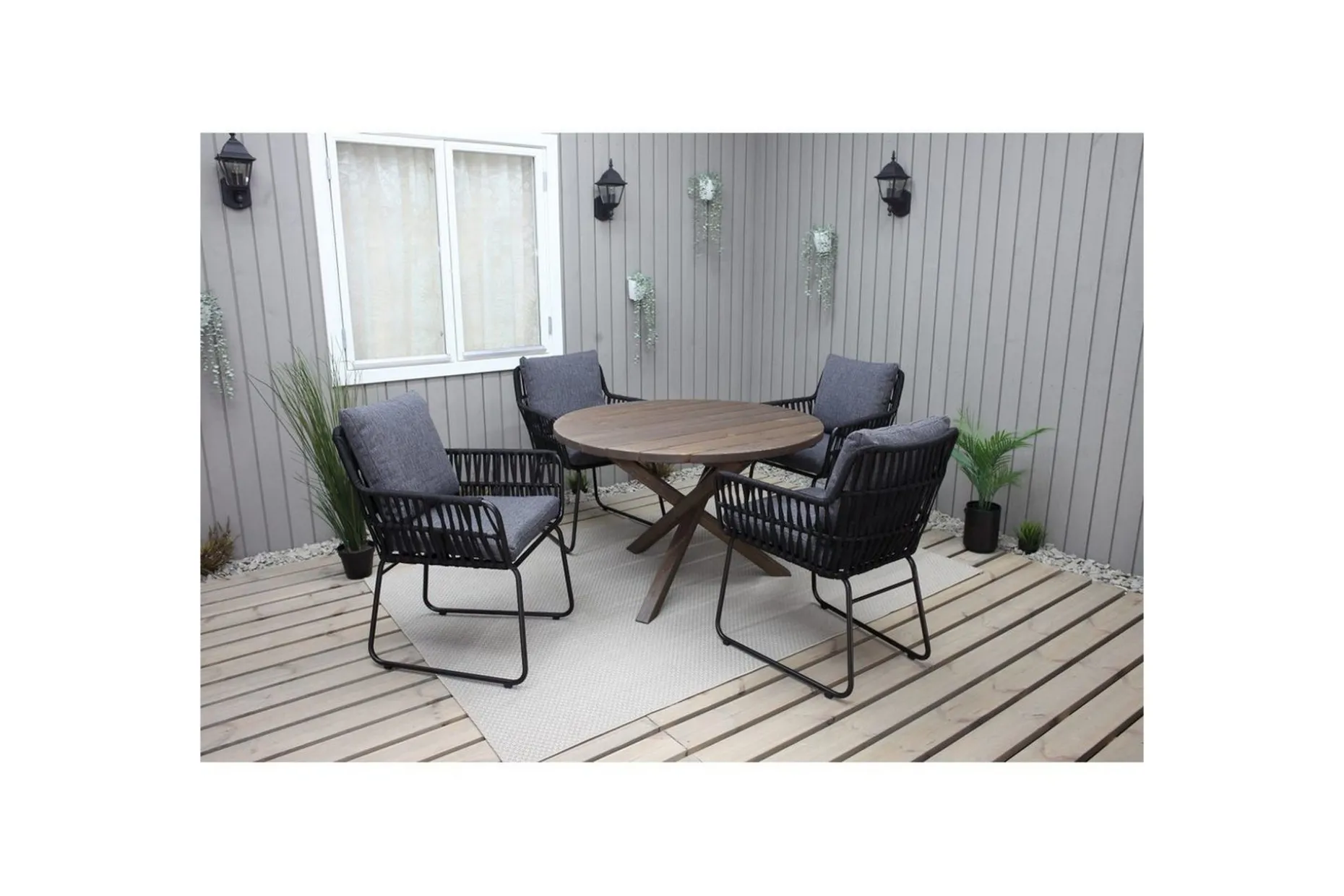 Utomhusmöbelgrupp Ø 112 cm bord & 4 Levanto grå stolar Brun