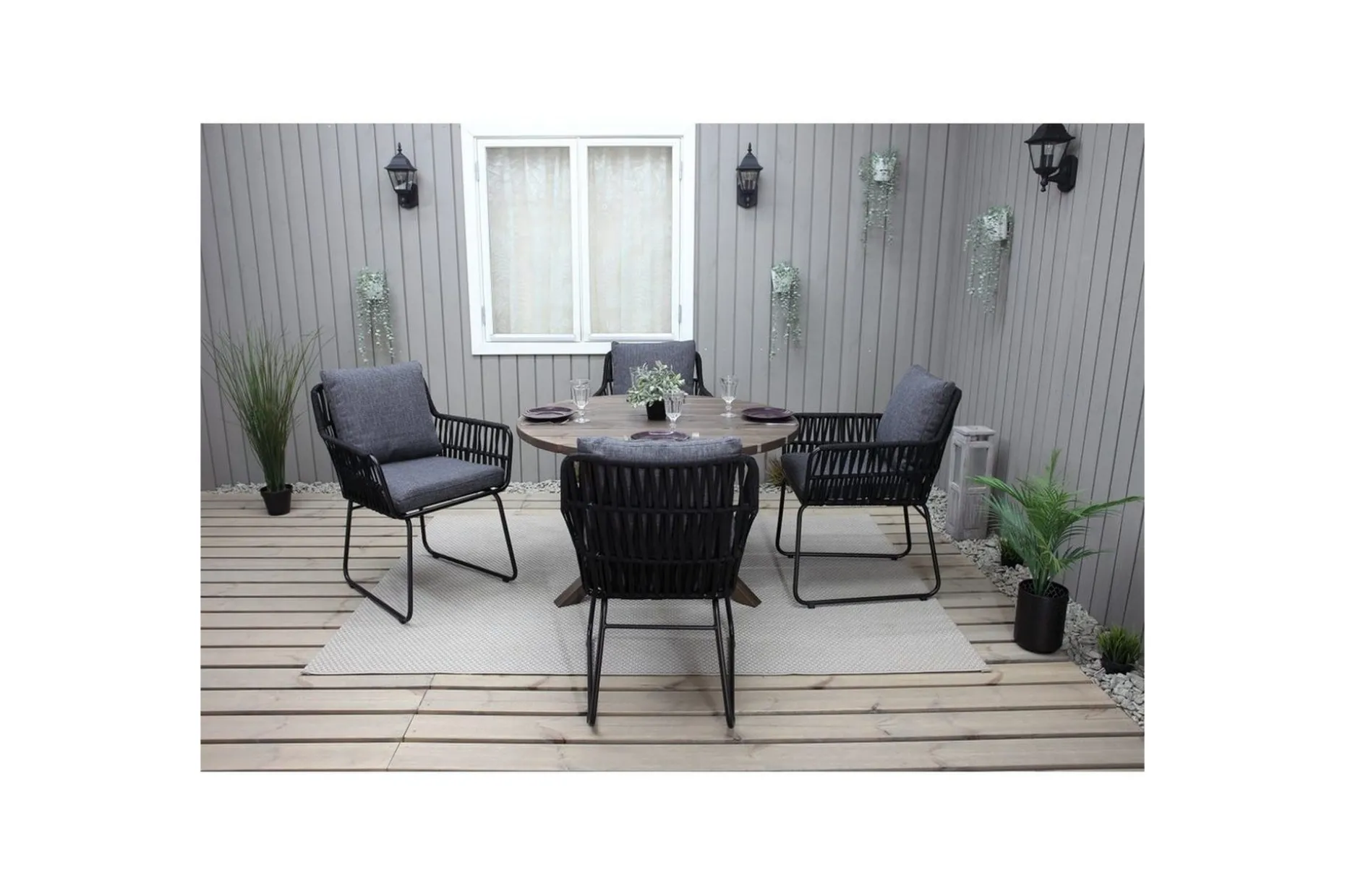Utomhusmöbelgrupp Ø 112 cm bord & 4 Levanto grå stolar Brun